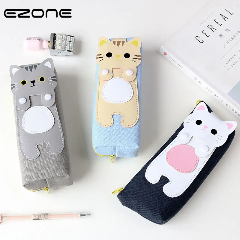 

EZONE Cartoon Cat Pencil Bag Canvas Zipper Large Capacity Pen Bag Students Stationery Blue/Black/Grey/Beige High Quality Pen Bag