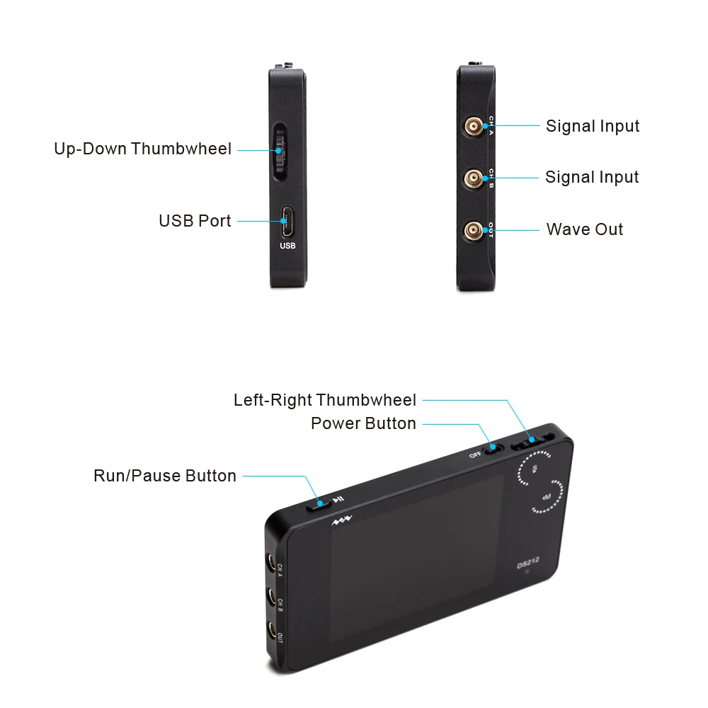 DS212 DSO Портативный 2 канальный цифровой осциллограф Карманный Размеры USB