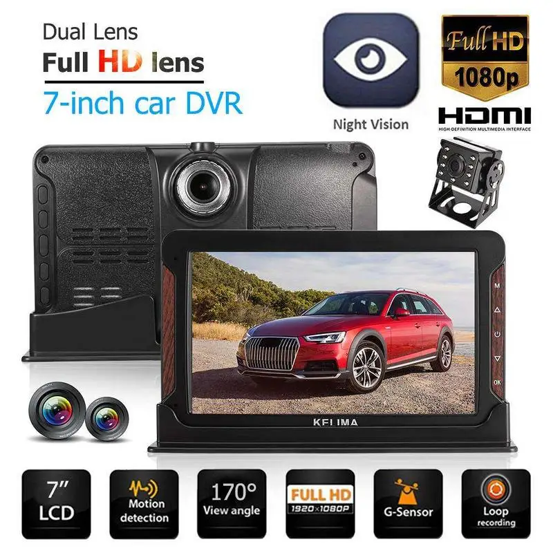 

KELIMA HP-988T 7 Inch 170 Degree G-sensor Car DVR Camera Dual Lens Night Vision Dash Cam Record 1080P HD Rear View
