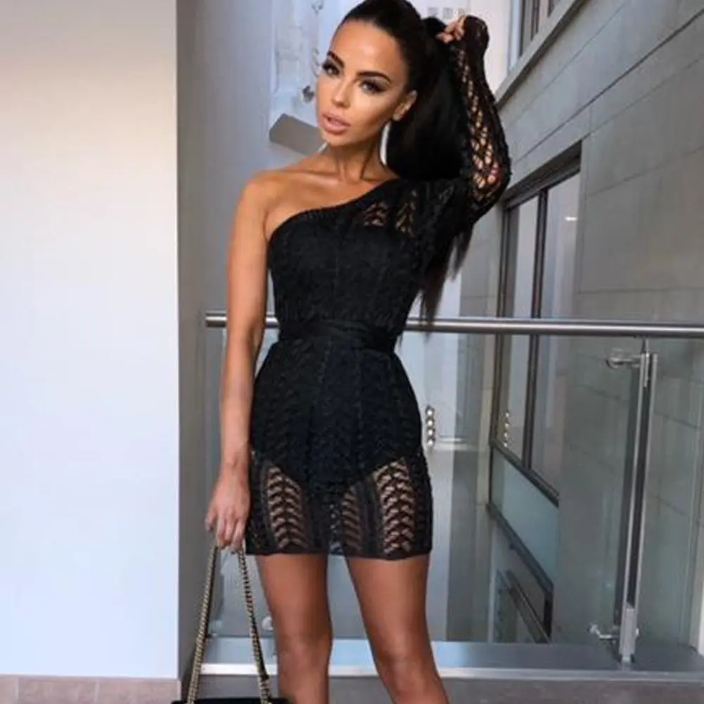 

Summer Fashion Women One Shoulder Hollow Out Bodycon Knit Slim Dress Evening Party Club Wear Sexy Female Knitted Mini Dresses