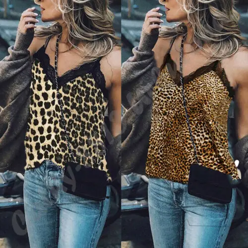 

Women Summer Leopard Sleeveless Strap Sleeveless v-neck Lace Mesh Loose Vest Cami Soft Tank Top