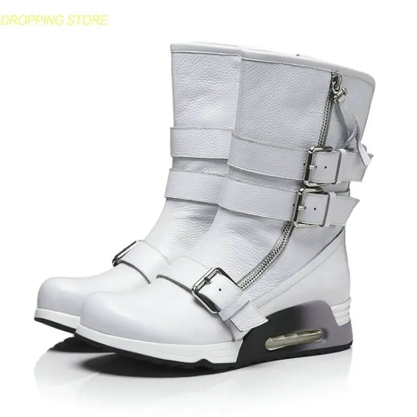 

2018 Women Cow Leather Mid-Calf Riding Boots Round Toe Wedges Platform Party Pumps Shoes Hi-Top Fashion Sneakers