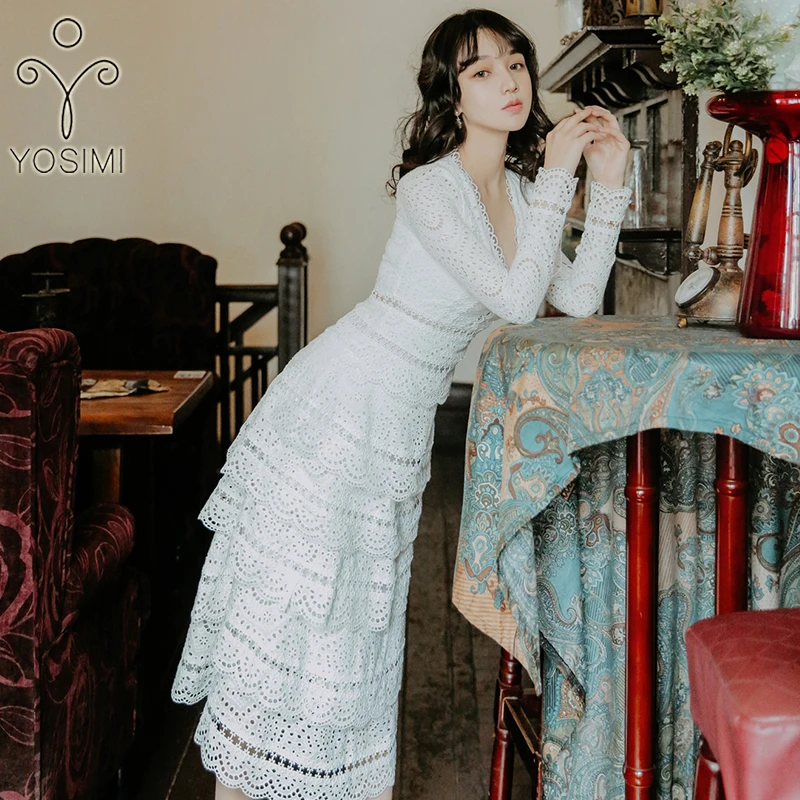 

2019 Summer Maxi Hollow Out Elegant White Lace Long Women Dress Full Sleeve Dress V-neck Evening Party Slim Fairy Ankle-Length