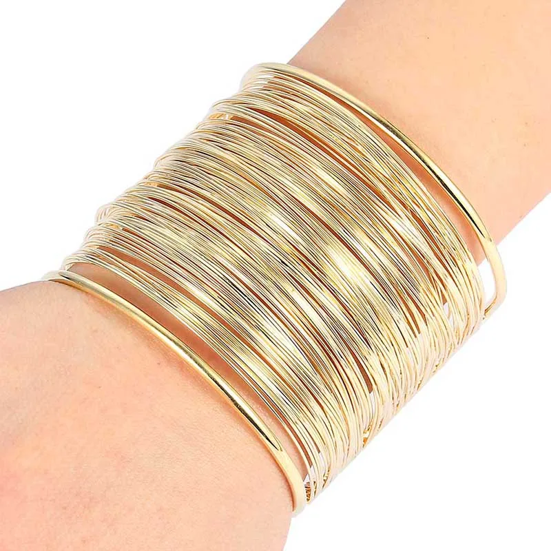 Trendy European Golden Silver Multi Layer Metal Alloy Wide Cuff Opened