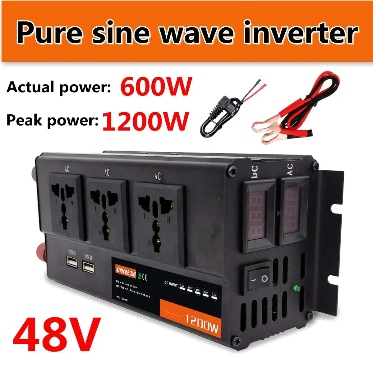 

1200W Peaks Power Inverter DC 48V To AC 220V 50Hz Pure Sine Wave Inverter LED Display W/ 3 Socket 2 USB