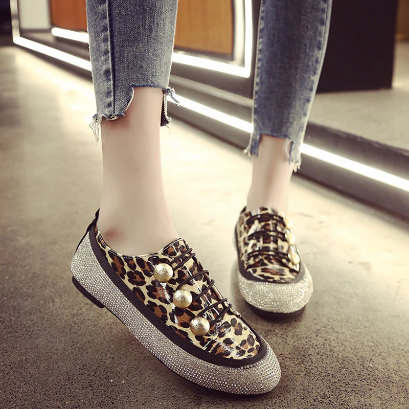 

2019 New Spring Leopard Platform Flats Women Oxfords Shallow Faux Rhinestone Slip On Creepers Casual Flat Shoes