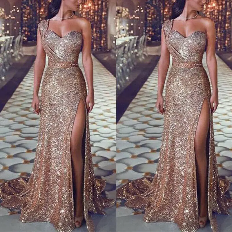 

New trendy solid sexy v-neck sleeveless Fork opening Women Sequins Formal Long Evening Party Dress Prom Gown Dresses