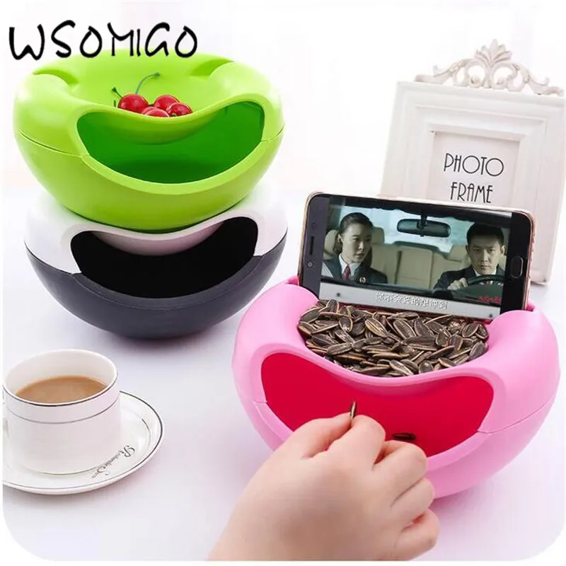 

WSOMIGO 2018 Creative Lazy People Fruit Plate Double Layer Dry Fruit Containers Mobile Phone Holder Kitchen Accessories Gadget-B