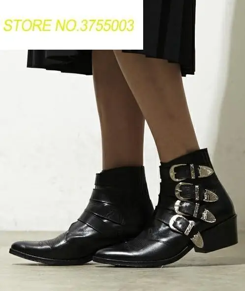 

2018 Spring Fashion Smooth Leather Women Ankle Buckles Boots Sexy Pointy Toe Ladies Chunky Heel Ankle Boots Knight Style Boots