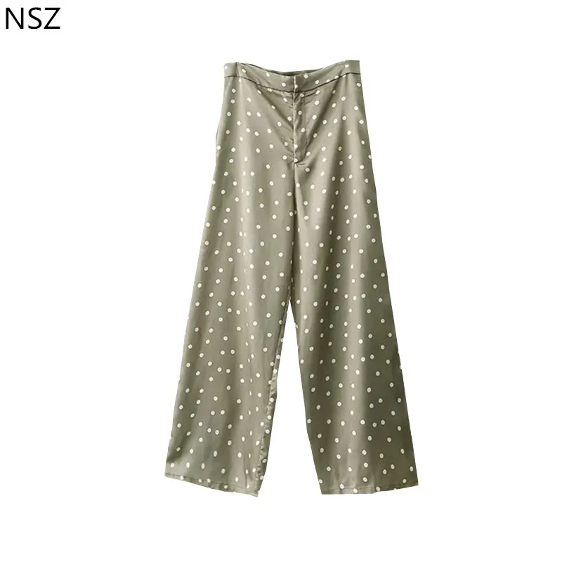 

NSZ Women Satin Print Dot Wide Leg Pants Loose Casual High Waist Pants