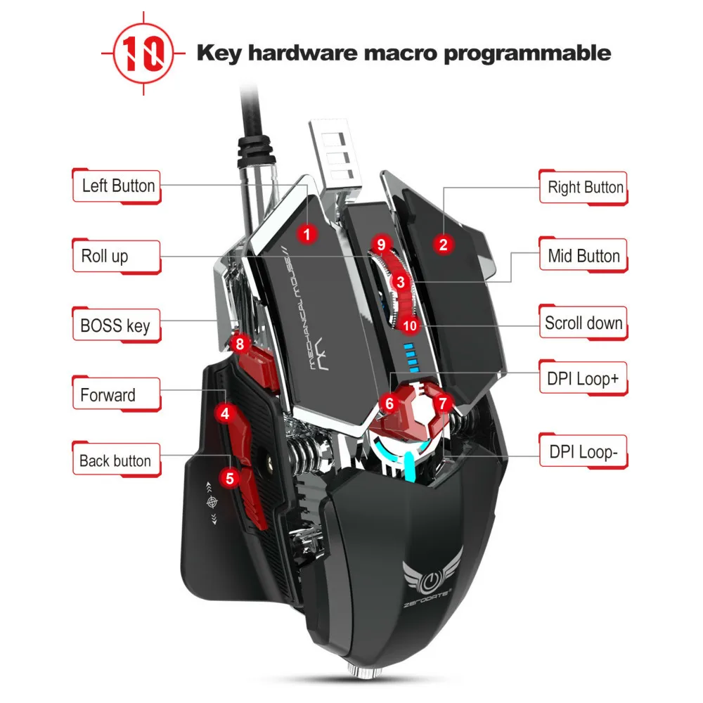 Механическая игровая мышь программируемая проводная с 10 клавишами 250 dpi ~ 4000 16