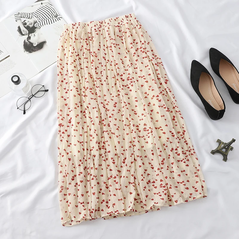 Летняя плиссированная юбка лолита Милая шифоновая юбка корейский Kawaii Сердце печати Faldas высокая Талия уличная