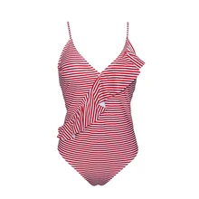 Цельный купальник женский с высокой талией Wire-free накладные чашки для груди с открытыми плечами воланом бикини большого размера Stripes Swimming Suit