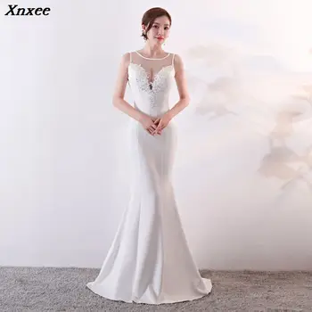

Xnxee Women Fashion Elegant White Mesh Floral Appliques Sleeveless Long Mermaid Formal Party Dress Vestido de Festa Xnxee