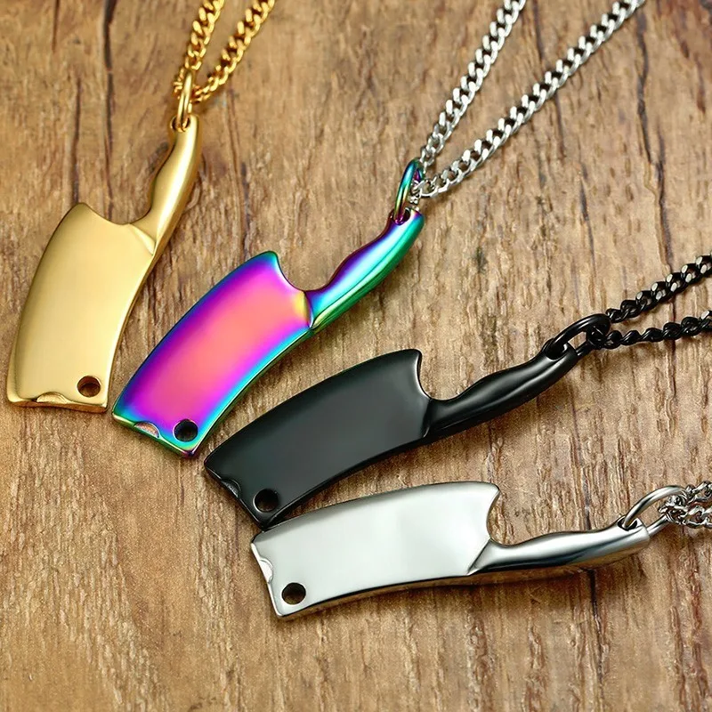 

Punk Mini Blade Chef Kitchen Knife Pendant for Men Necklace Stainless Steel Hip Hop Male Jewelry Black Rainbow Gold Silver Tone