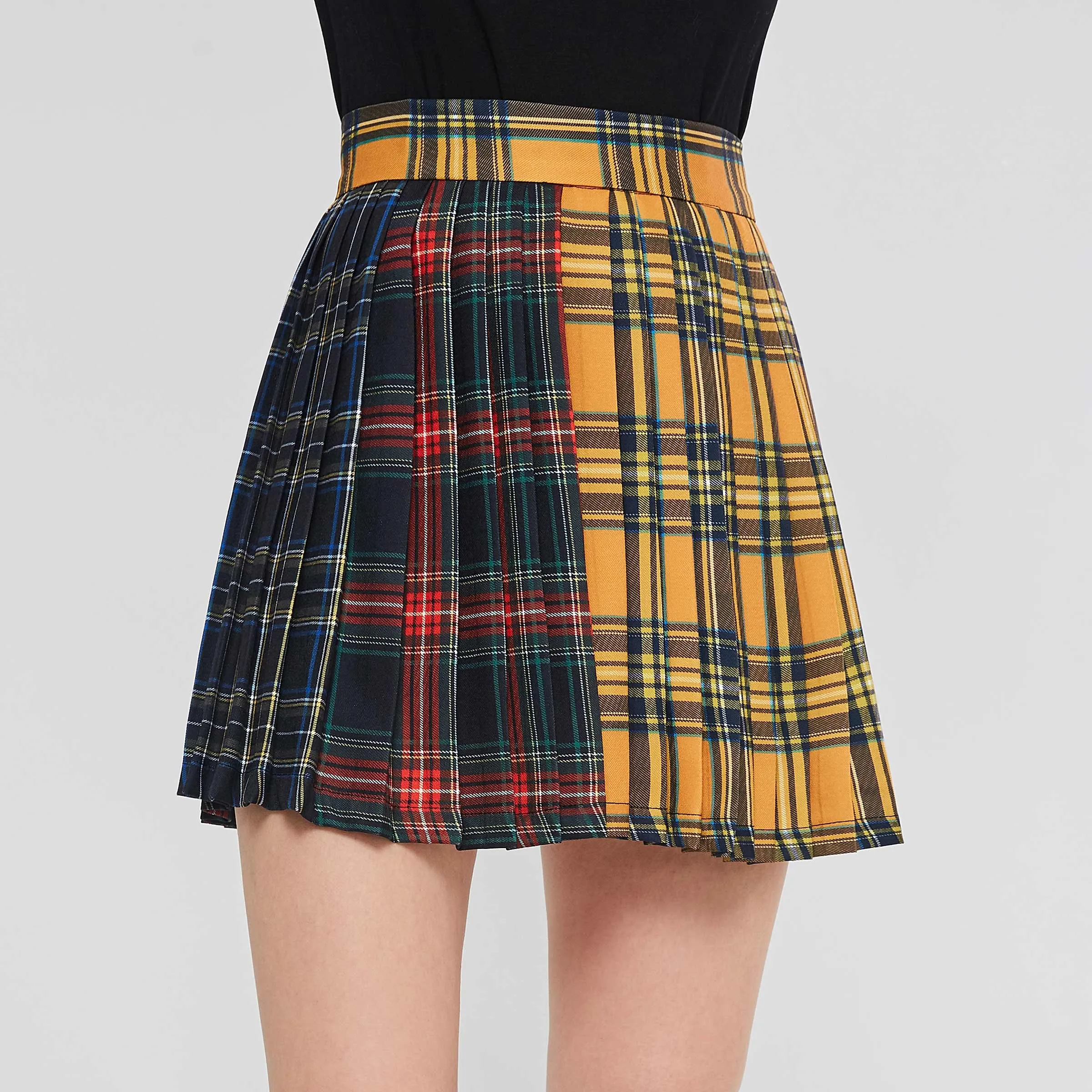 

Rosetic Women Short Mini Skirt Pleated Patchwork A Line Vintage Fashion Sexy Skirt Punk Casual Uniform Preppy Style Rainbow