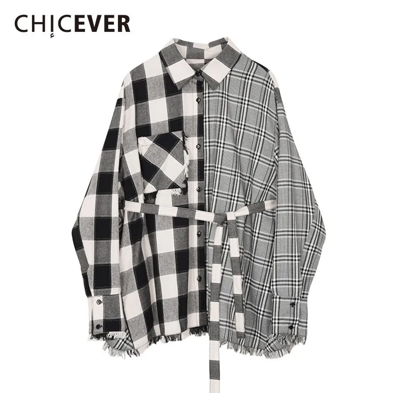 

CHICEVER Patchwork Plaid Women's Shirts Tops Female Blouses Lapel Batwing Sleeve Loose Lace Up Blouse Fashion Casual Clothes New