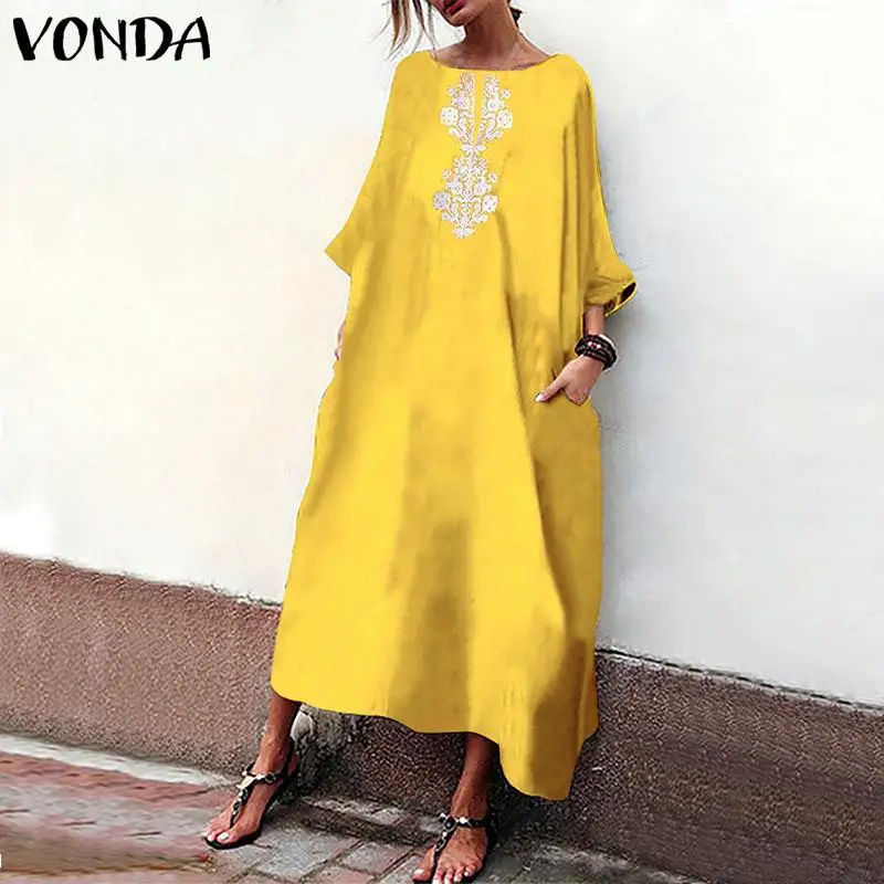 

VONDA Bohemian Women Floral Printed Dress 2019 Autumn Spring Sexy O Neck Batwing Sleeve Maxi Dresses Casual Vestidos Plus Size