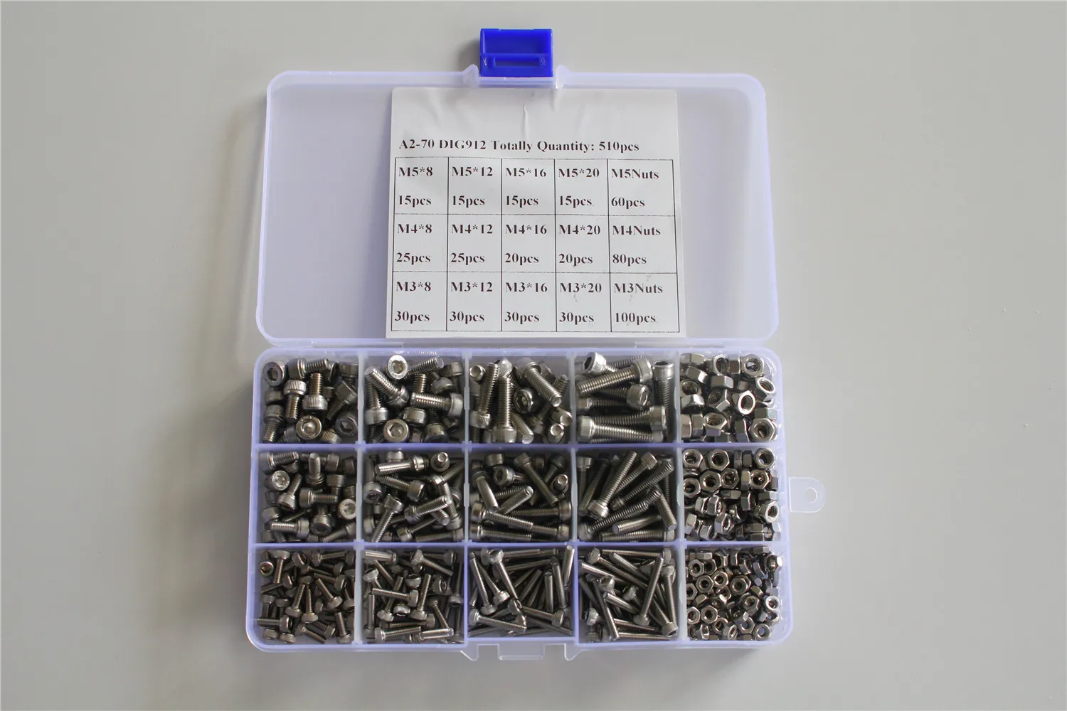 

510Pcs M3 M4 M5 Assortment Kit 304 Stainless Steel Hex Socket Head Cap Screws With Nuts