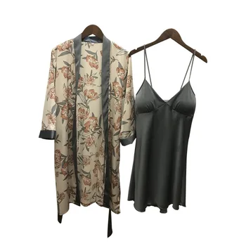 

Lisacmvpnel Ice Silk Sexy Women Robe Set Spaghetti Strap With Chest Pad Nightgown Plus Size Women Cardigan