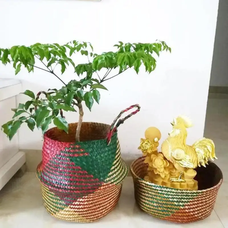 اليدوية الخيزران سلات تخزين طوي الغسيل القش خليط الخوص الروطان الأعشاب البحرية بطن أصيص أزهار الحديقة الغراس سلة