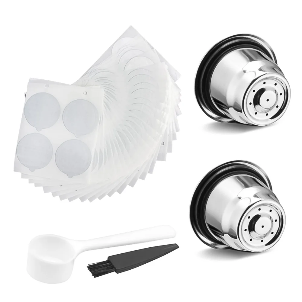 

ABEDOE 2pcs Reusable Coffee Capsule With Filter Empty Coffee Capsule Cups Pods And 100Pcs Disposable Aluminum Seals Stickers