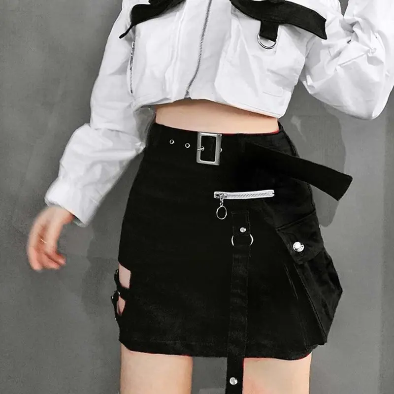 

Summer Red Skirts Mini Women 2019 New Harajuku Trendy Streetwear Gothic Hollow Zipper Punk Girl High Waist Black Bodycon Skirt