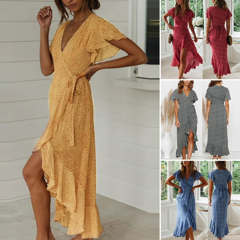 

Lady Beach Asymmetrical Short Sleeve V Neck Dress Summer Lace Up Casual Dress