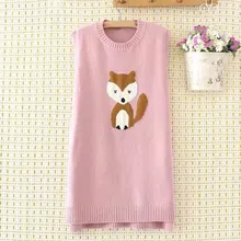 Длинный вязаный женский жилет с мультяшными животными, свитер с круглым вырезом, вязаный жилет без рукавов с рисунком лисы