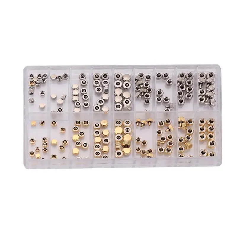 

140pcs Watch Crown Parts Replacement Assorted Dome Flat Head Watch Accessories Repair Tool Case for Watchmaker