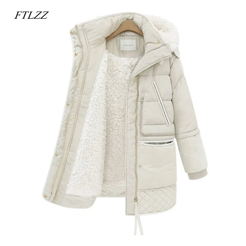 

FTLZZ 2019 Winter Women's Jackets Cotton Coat Padded Long Slim Hooded Parkas Female Plus Size Warm Wool Jacket Outwear Clothing