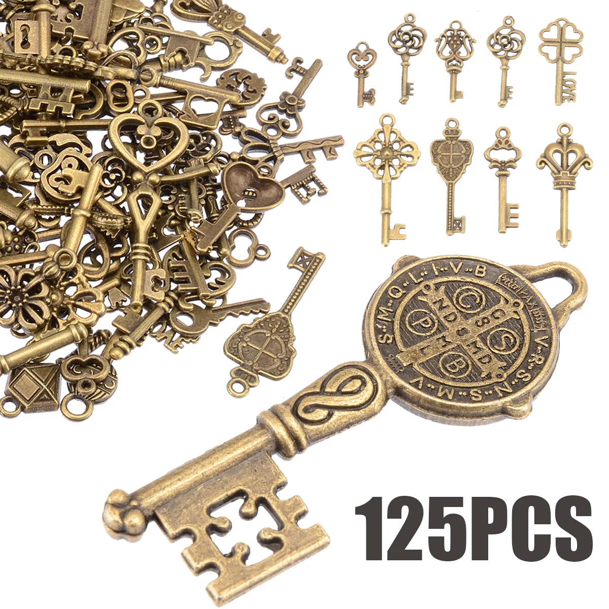 125PCs/Set Old Look Antique Vintage Bronze Ornate Skeleton Keys Lot Necklace Pendant Fancy Heart Decor DIY Necklace Craft Gifts