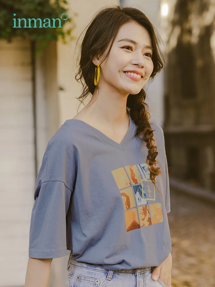 

INMAN 2019 Summer New Arrival Cotton V-neck Retro Print Loose Literary Fashion Women T-shirt