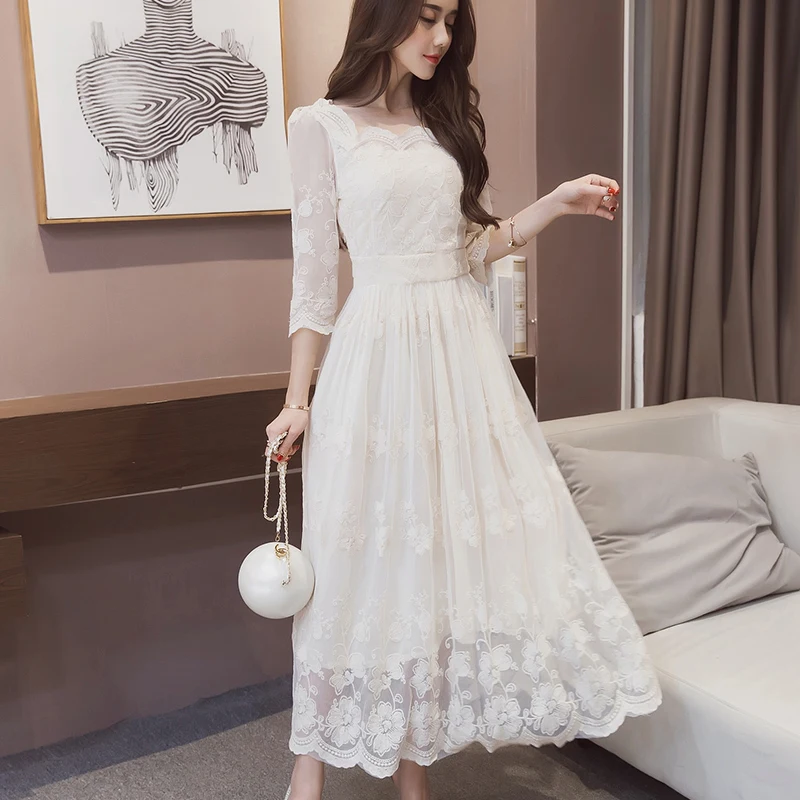 

Bohemian style Long lace dress hollow out floral print autumn 2018 Korean temperament slim high waist square collar long dresses
