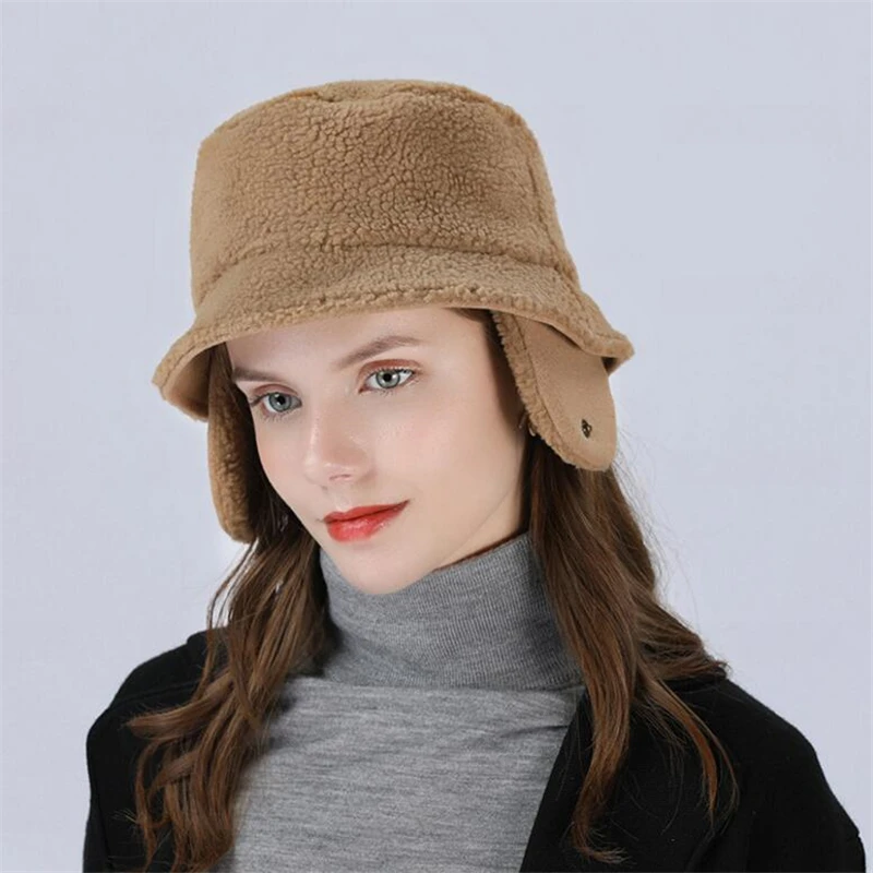 IANLAN New Womens Casual Earmuffs Bucket Hats Ladies Winter Warm Fleece Fisherman Hats Fashion