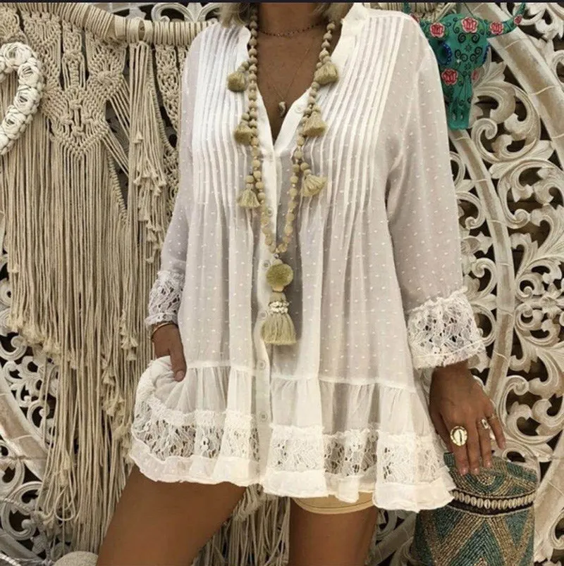 2019 Large Size Lace Chiffon V-Neck Shirt Female Loose Shirt Nine Quarter Women Dot Fashion Blouse