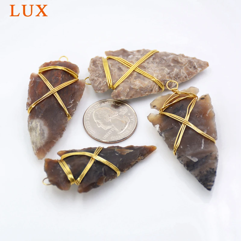 Copper Wire Wrapped Raw Natural Jaspers Arrowhead Charm, Agate Arrow Pendants, Boho Jewelry Making 3