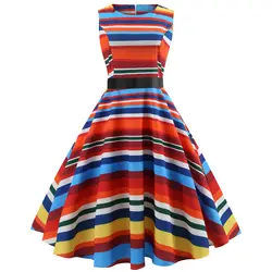 LANGSTAR красочные полосы Повседневное элегантный Винтаж женское платье О-образным вырезом платья трапециевидной формы до середины икры