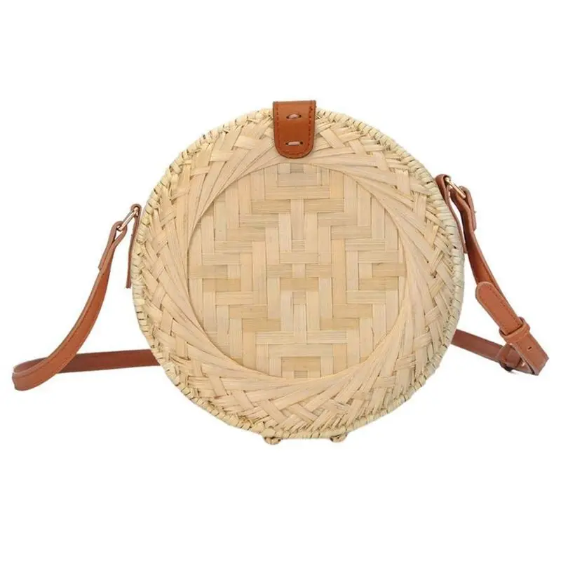 

Handmade Vintage Fashionable Rattan Straw Woven Bag Round Bohemia Style Beach Bag Diameter 20cm, Home Storage Bag for Women