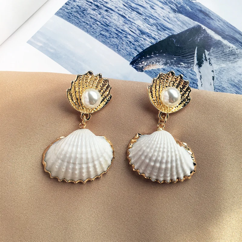 

2019 New Shell Pearl Earrings Wedding Accessories Drop Earrings Beach Dangle Earrings Luxury Women Gold Party Earrings