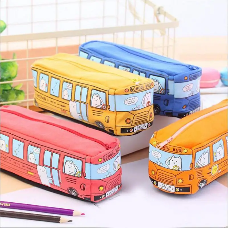 

Creative Pencil Case Small Animal Pattern Bus Shaped Student Stationery Pencil Bag Cartoon Canvas Office Storage Case