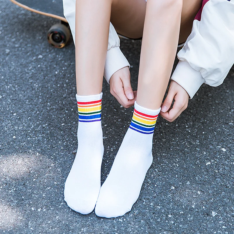 Harajuku Cool Skateborad короткие радужные носки женские модные белые хлопковые