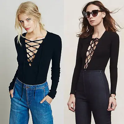 

2019 New Fashion Women Black T-Shirts Sexy Lady Loose Long Sleeve Tops Shirt Casual Cotton Basic Tees Lace Up T-Shirt