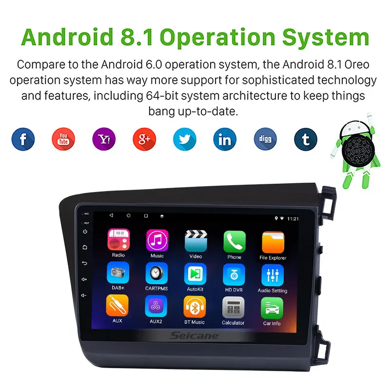 Top Seicane 9" Android 8.1/ 7.1 Car Radio GPS Navi Head Unit Player For 2012 HONDA CIVIC Right Hand Driving Support Rear View Camera 1