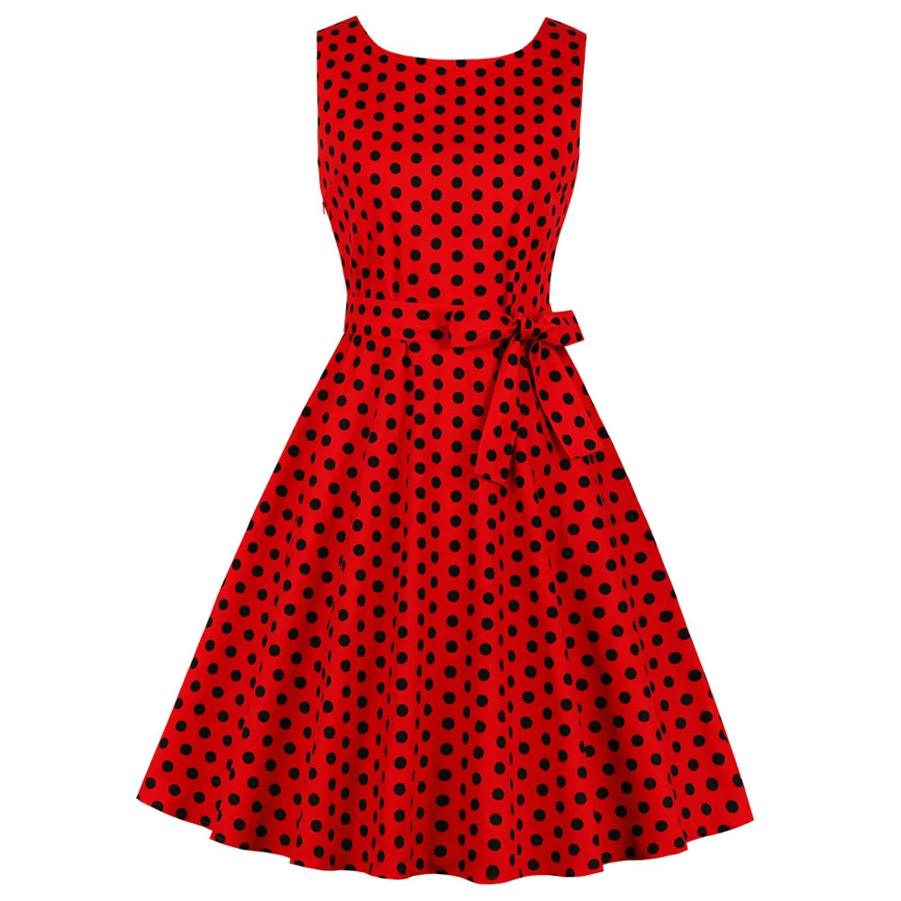 

Joineles Women Sexy V Neck Sleeveless Vintage Dress Red Polka Dot Print Party Vestidos Rockabilly Pin Up Swing Retro Belt Dress