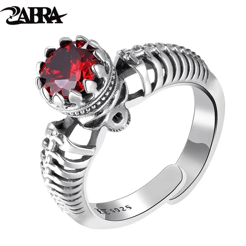 

ZABRA 100% Real 925 Silver Gothic Skull Ring Men Women Red Stone Cubic Zirconia Adjustable Size 6-13 Vintage Biker Man Jewelry