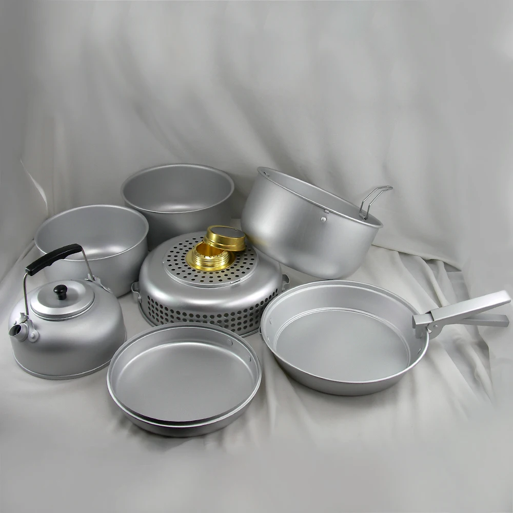 

10PCS Camping Cookware Set Portable Camping Utensils Outdoor Dish Plate Pots Kettle Alcohol Stove Wind Shield Boiler Cradle Hand