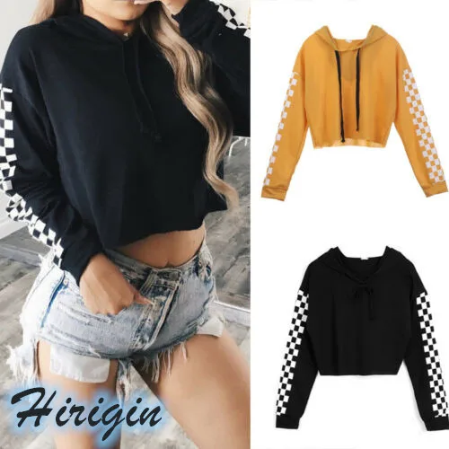 

Summer Casual Pullovers Women's Lady Hoodie Short Sweatshirt Crop Top Plaid Long Sleeve O-Neck Pullover