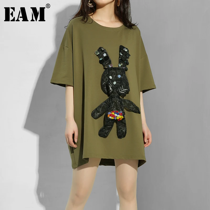 

[EAM] 2019 New Spring Summer Round Neck Half Sleeve Organza Split Joint Big Sze Pattern T-shirt Women Fashion Tide JE949