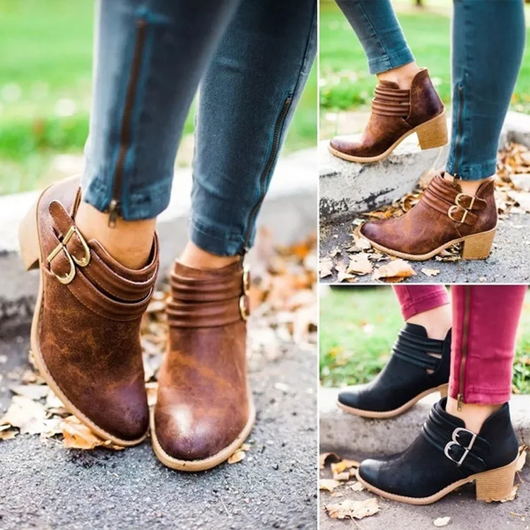 

AGUTZM Autumn Winter Boots Women Round Toe Chelsea Boots Woman PU Short Boot Ladies Ankle Boot Buckle Square Heel Botas Mujer